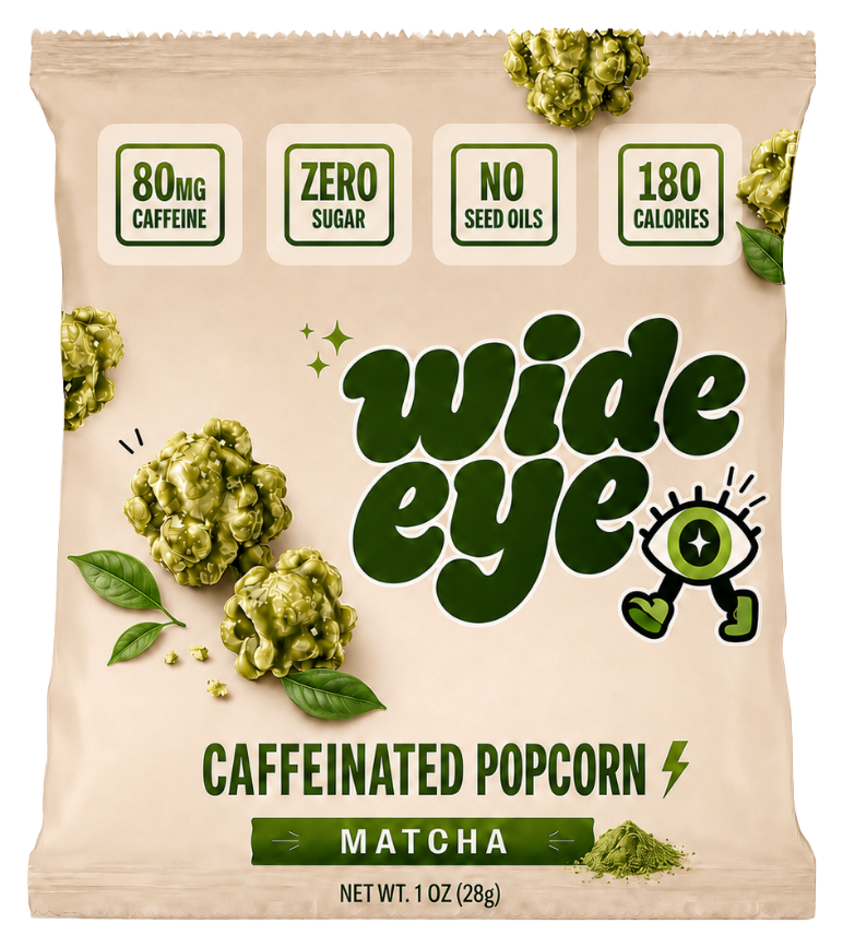 Wide Eye Matcha caffeinated popcorn bag — 80mg caffeine, zero sugar